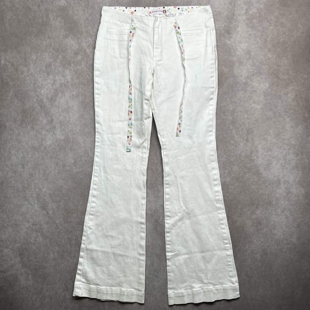 Gasoline White Flare Pants Size 9 (30x33) Drawstring Dots Y2K Boho Festival